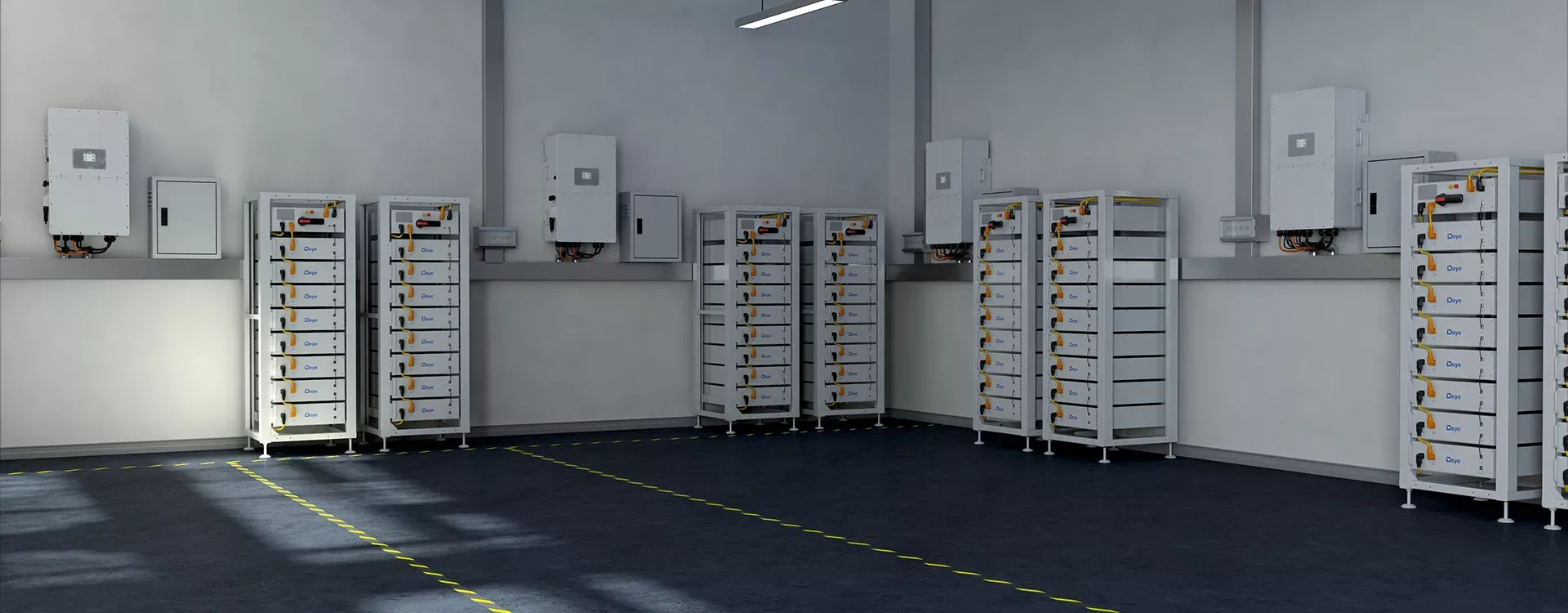 Deye BOS-G battery storage racks and hybrid inverters in a utility room