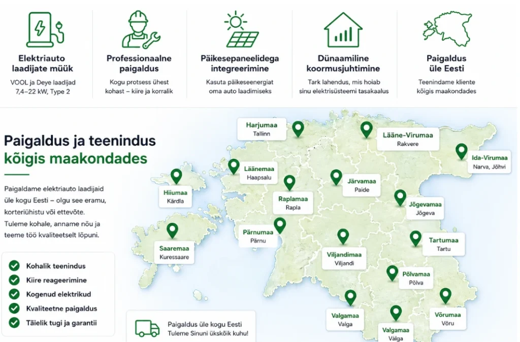 Eesti kaart, mis näitab elektriauto laadijate paigaldusteenust üle kogu Eesti. Amper ja Volt Solarworks paigaldab VOOL ja Deye elektriauto laadijaid eramajadele, ettevõtetele ja korteriühistutele kõikides maakondades.